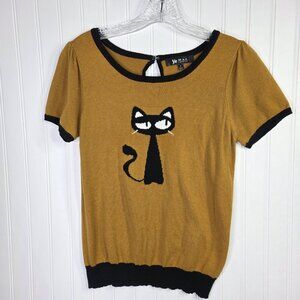 Black Cat Graphic Knit Sweater Top Womens Small Mustard Yellow Retro Boho Casual